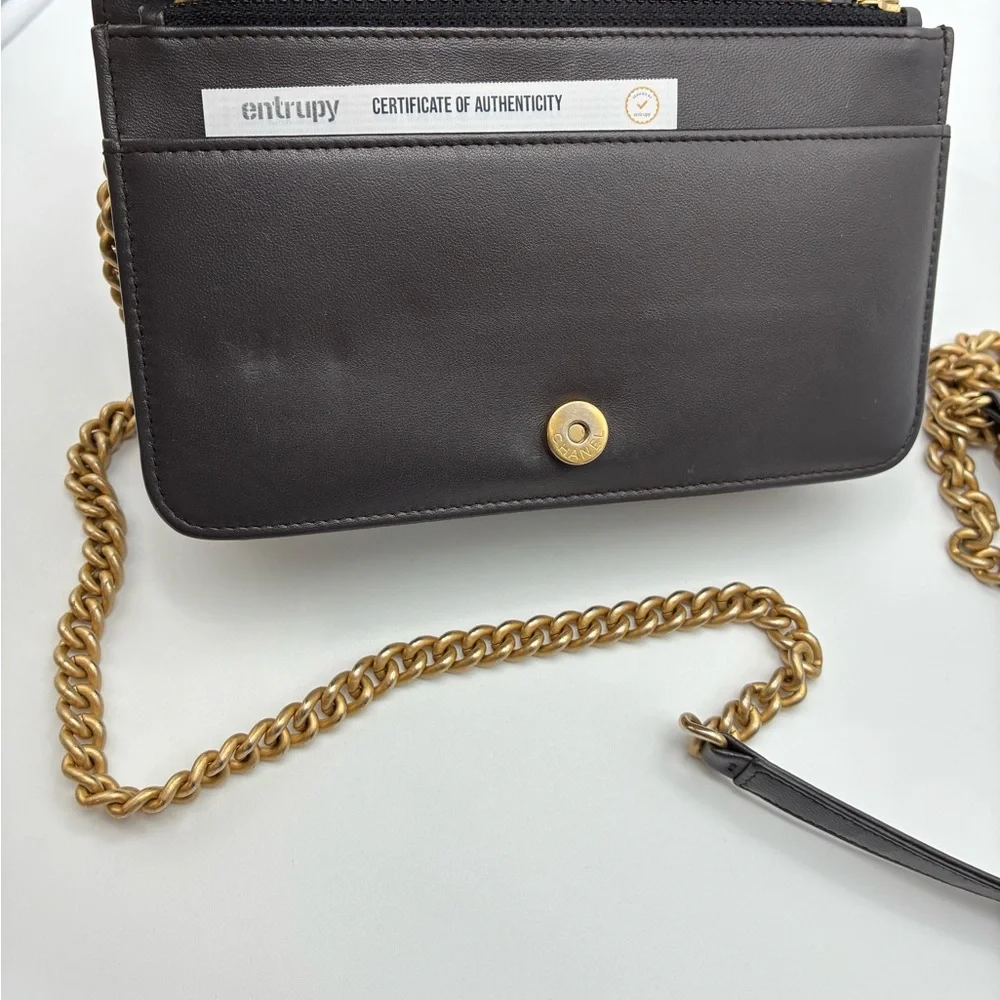 Chanel Quilted Dark Grey Le Boy Wallet WOC Lambskin Leather Crossbody bag